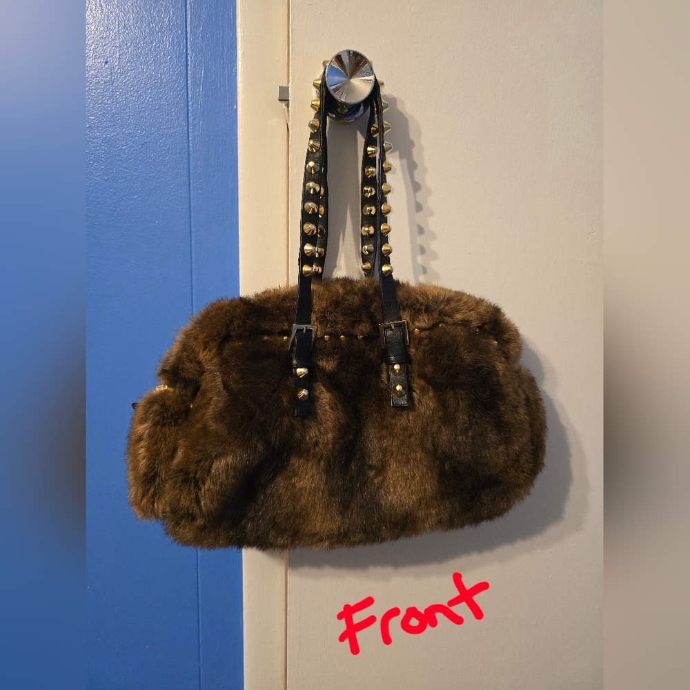 Timmy Woods Beverly Hills Bag Brown Faux Fur Covered Gold Studs Purse Satchel